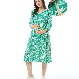 Bella Mama Woven Three Fourth Sleeves Maternity Dress with Floral Print - Mint Green-image-103