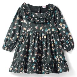 Babyhug Woven Full Peasant Sleeves Floral Printed Frock with Frill Detailing - Dark Green-image-25