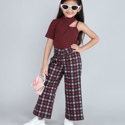Taffykids Half Sleeves Solid Asymmetric Neck Crop Top & Checked Fold Over Pant Set - Maroon & Multi Colour-image-2