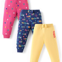 Babyhug Single Jersey Knit Full Length Lounge Pants with Bow Applique & Text Print Pack of 3 - Pink Navy Blue & Yellow-image-62