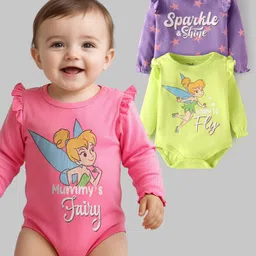 Babyhug Disney Interlock Knit Full Sleeves Onesies with Tinker Bell Graphics & Frill Detailing Pack of 3 - Pink Purple & Lime Green-picture-47