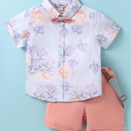 ToffyHouse Poplin Woven Half Sleeves Floral Printed Shirt & Shorts With Bow & Suspender - Peach-picture-1