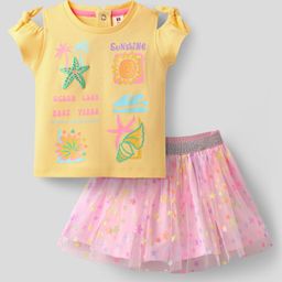ToffyHouse Knitted Cold Shoulder Sleeves Top and Skirt Set with Floral & Beach Theme Print - Pink & Yellow-image-4