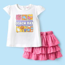 Babyhug Single Jersey Knit Half Sleeves Top & Skirt Set with Beach Day Text Print - Pink-image-50