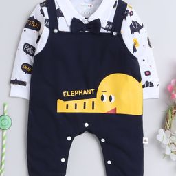 BUMZEE Cotton Knit Full Sleeves Elephant Printed Romper With Attached Bow - Navy Blue & White-image-12