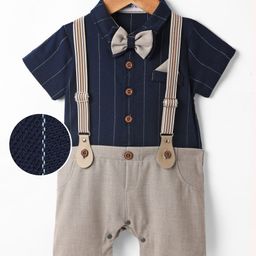 Mark & Mia Woven Half Sleeves Striped Party Romper With Bow - Navy Blue-image-37