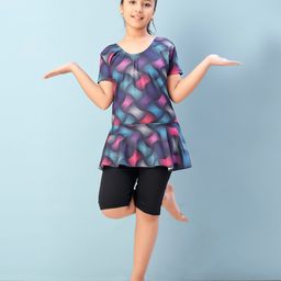 Aarika Half Sleeves Abstract Printed Frock Style Swimsuit - Multi Colour & Black-image-36