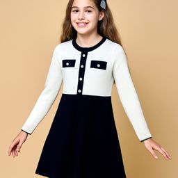 Pine Kids Knit Full Sleeves Solid Color Woolen Dress - Black & White-image-29