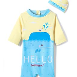 KIDLINGSS Half Raglan Sleeves Hello Text Printed Legged Swimsuit With Cap Set - Yellow & Blue-image-81