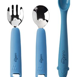 CUBKINS Set of 3 pcs - SS Spoon, SS Fork, Early Feeding Bendable Spoon | Designed for Babies, Infants & Toddlers | BPA Free, Food Grade, FDA Approved | Easy to Clean (Blue Olive)-15