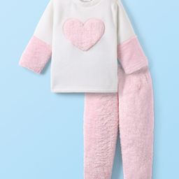 Babyhug Fur Knit Full Sleeves Winter Wear Suit with Heart Design - Pink & White-image-56