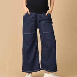 The Mom Store Denim Woven Solid Maternity Cargo Jeans With Belly Support - Dark Blue-image-56