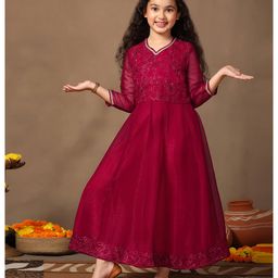 Fashion Dream Chiffon Woven Three Fourth Sleeves Floral Embroidered Sequins & Gota Lace Embellished Dress - Red-picture-46