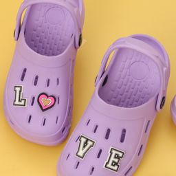 Yellow Bee Solid Perforated Clogs With Love Text & Heart Charms - Purple-picture-40