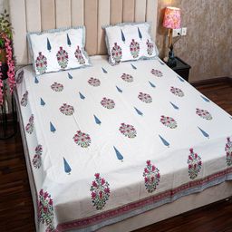 Hawamahal White & Blue Floral Printed 350 TC Cotton King Bedsheet Set 2.75 m x 2.75 m-image-16