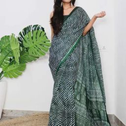 Satrani Green Cotton Printed Saree With Unstitched Blouse-image-39