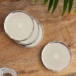 ExclusiveLane Silver Stainless Steel Mughal Arc Hand-Etched Coasters - Set of 4-image-39
