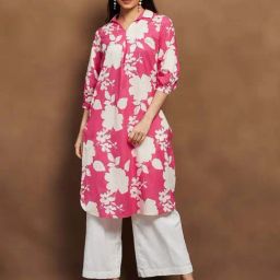 Melange By Lifestyle Pink Cotton Regular Fit Floral Print Kurta-image-82