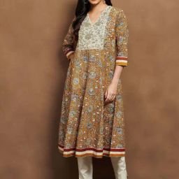 Melange By Lifestyle Beige Cotton Regular Fit Floral Print Kurta-picture-33