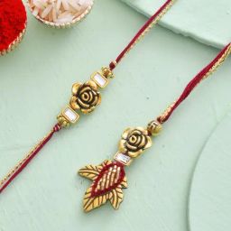 Aapno Rajasthan Beautiful Gold Rose & Leaf Bhaiya Bhabhi Rakhi Set-image-24
