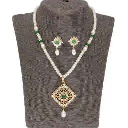 Sri Jagdamba Pearls Green & White Pearl Gold Plated Necklace Set-image-87