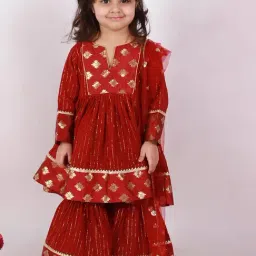 Little Bansi Kids Maroon Striped Kurta, Sharara with Dupatta-image-14
