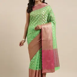 Banarasi Silk Works Green Silk Woven Saree With Unstitched Blouse-image-90