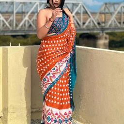 Satrani Rust & Blue Cotton Printed Saree With Unstitched Blouse-image-32