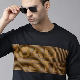 Roadster Men Navy Blue & Mustard Yellow Typography Pullover-image-41
