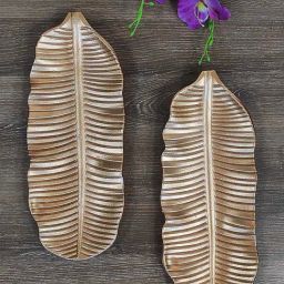Art Street Gold Wood Feather Tray Decorative For Wall Hanging Carved Decal Plates - Set of 2-image-86