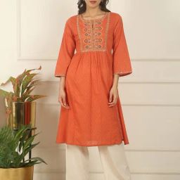 W Orange Pure Cotton Embroidered Three-Quarter Sleeves Kurtas-image-26