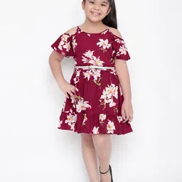 Naughty Ninos Maroon & White Cold-Shoulder Sleeves Floral Dress-image-16