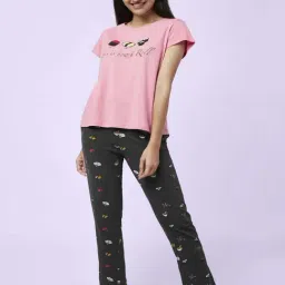 YU by Pantaloons Pink Black Cotton Printed Top Pyjama Set-image-51