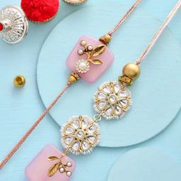 Aapno Rajasthan Kundan Crafted In Beautiful Floral Patterned Pink Crystal Bhaiya Bhabhi Rakhi Set-48