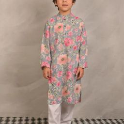Anthrilo Boys Grey & White Cotton Regular Fit Printed Kurta Set-2