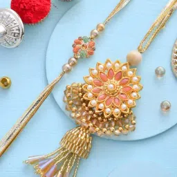 Aapno Rajasthan Elegant Pearls & Tubes Crafted Dazzling Bhaiya Bhabhi Rakhi Set-image-80