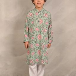 Anthrilo Boys Green & White Cotton Regular Fit Printed Kurta Set-image-21