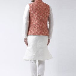 DEYANN Men Red & White Self Design Kurta with Churidar and Nehru Jacket image 3