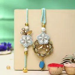 Aapno Rajasthan Blue Kundan & Beads Embellished Bhaiya Bhabhi Rakhi Set-image-85