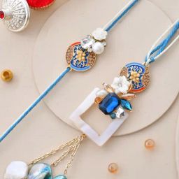 Aapno Rajasthan Blue Acryclic Based Stone Embellished Bhaiya Bhabhi Rakhi Set-image-12