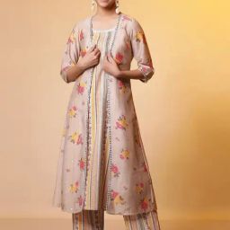 Aurelia Beige Printed Kurta Pant Set With Shrug-picture-10