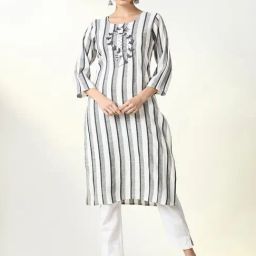 SHOWOFF Grey Cotton Stripes 3/4th sleeve Kurta-picture-13