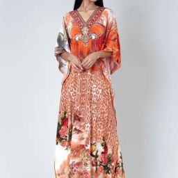 First Resort By Ramola Bachchan Burnt Orange & Brown Animal Print Silk Full Length Kaftan-image-43