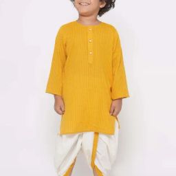 Little Bansi Kids Yellow & White Cotton Embroidered Full Sleeves Kurta Set-picture-3