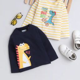 Bumzee Kids Yellow & Navy Printed Full Sleeves T-Shirt (Pack Of 2)-image-138