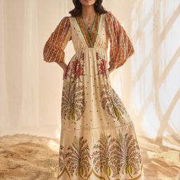 Style Island Women Tropical Print Puff Sleeves V-Neck Maxi Dress-image-45