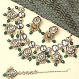 Oomph Jewellery Green Meenakari & Kundan Beads Heavy Bridal Wedding Necklace Set with Jhumka Earrings & Maangtikka For Women & Girls Stylish Latest Birthday & Anniversary Gift-9