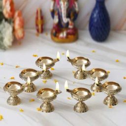 eCraftIndia Gold Brass Handcrafted Decorative Diyas - Set of 8-41