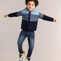 Babyhug Full Sleeves Hooded Striped Sweater - Navy-image-40