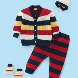 Babyhug Full Sleeves Striped Sweater Set - Red & Blue-picture-13